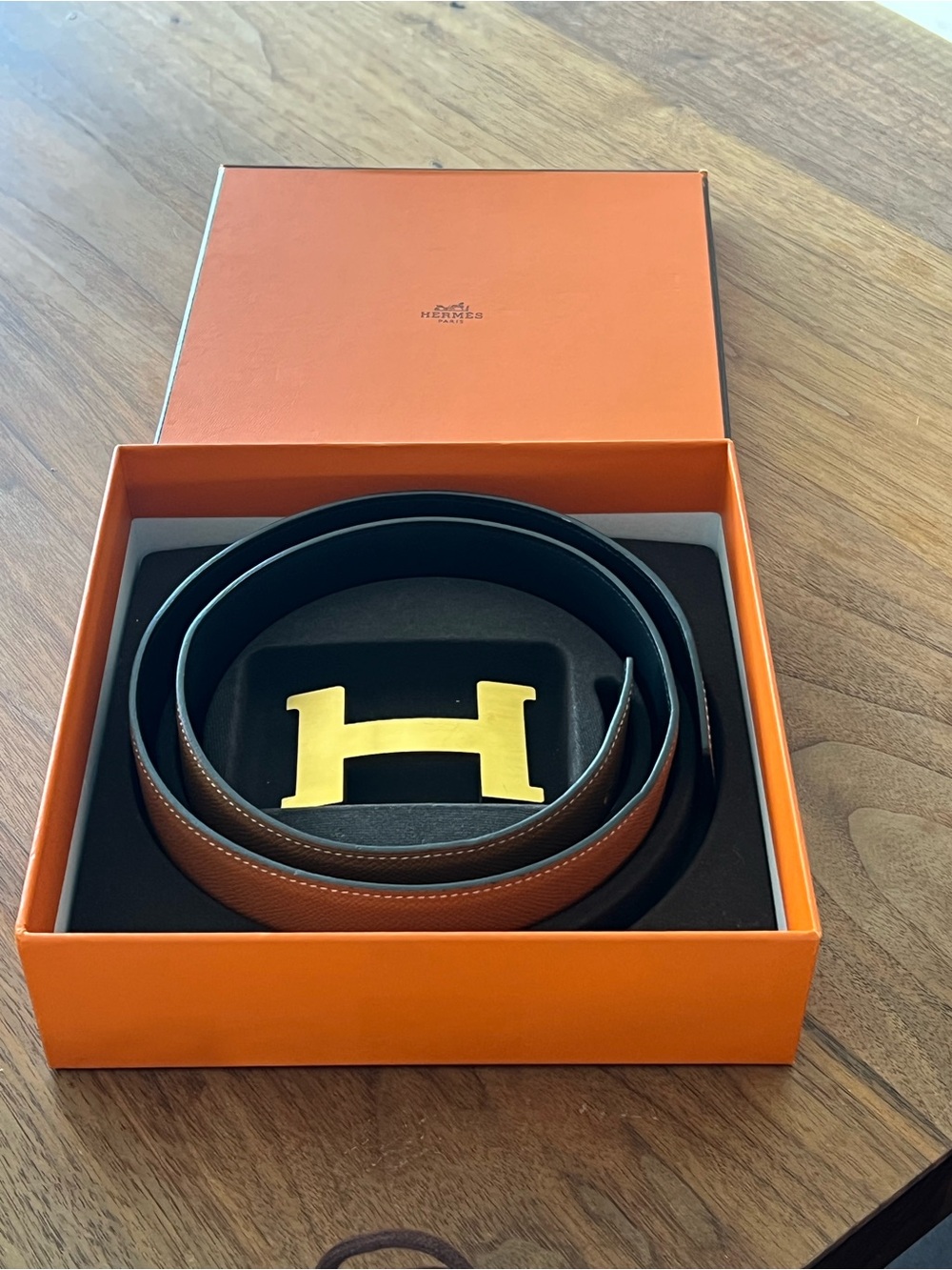 Hermes Brown Leather Reversible Belt with Gold H Buckle